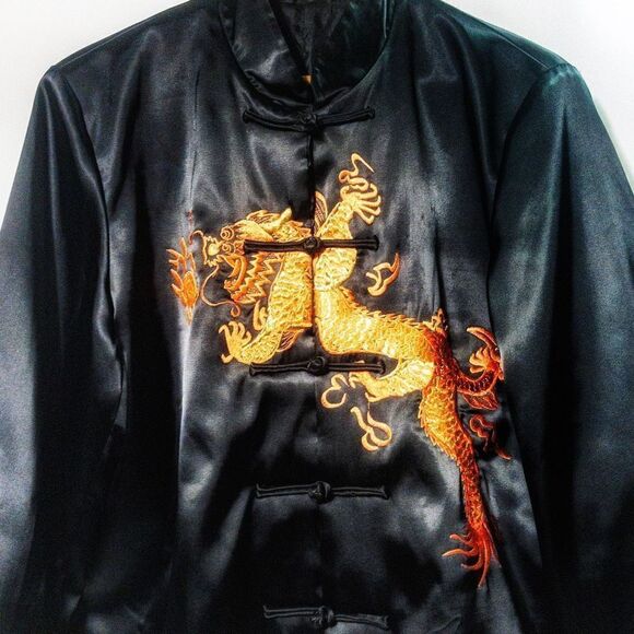 Black Satin Embroidered Chinese Dragon Mandarin Collar Tang Jacket Sz M - Picture 2 of 8